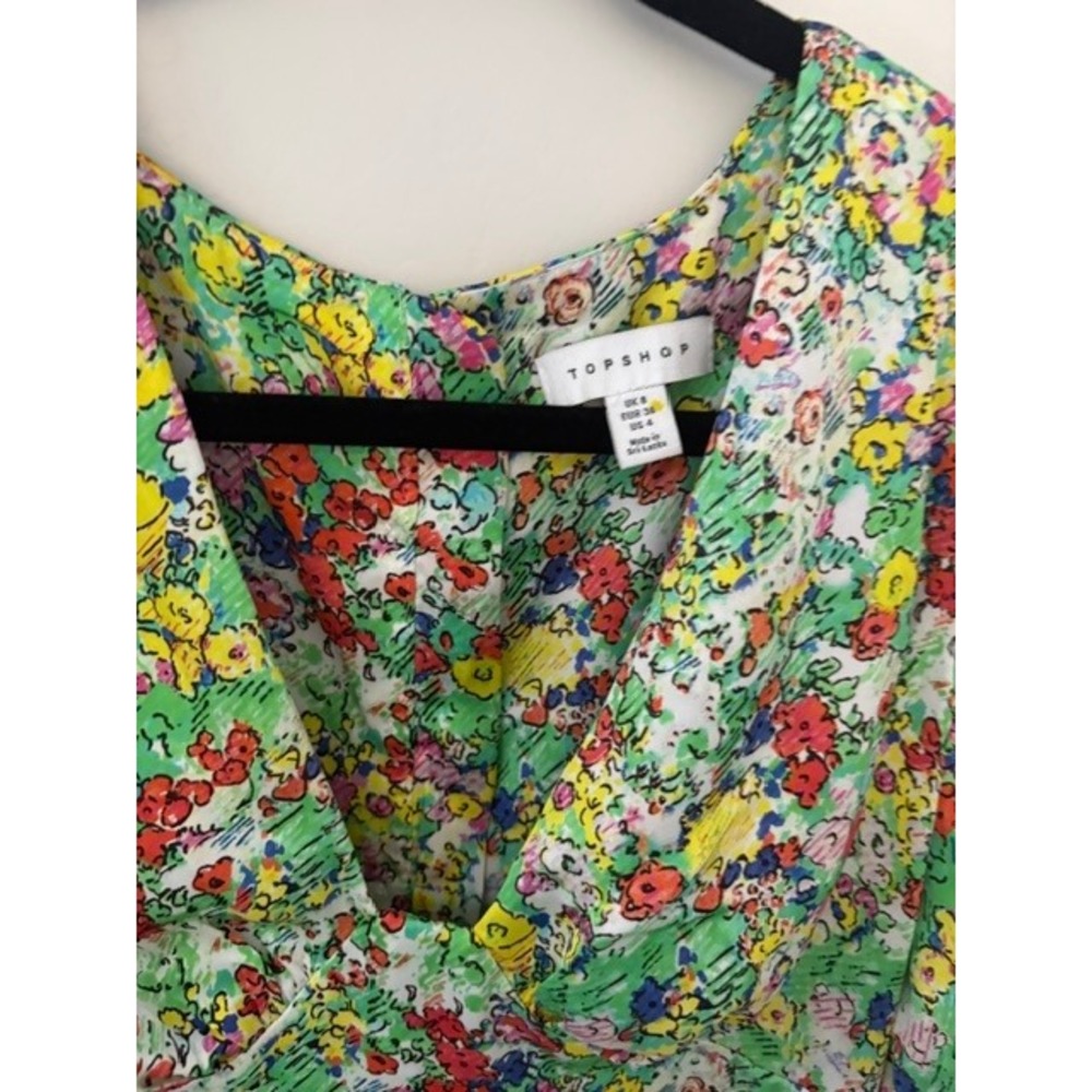 Topshop Floral Puff Sleeve Cutout Back Mini Dress Green Multi Size US 4 - Picture 2 of 4